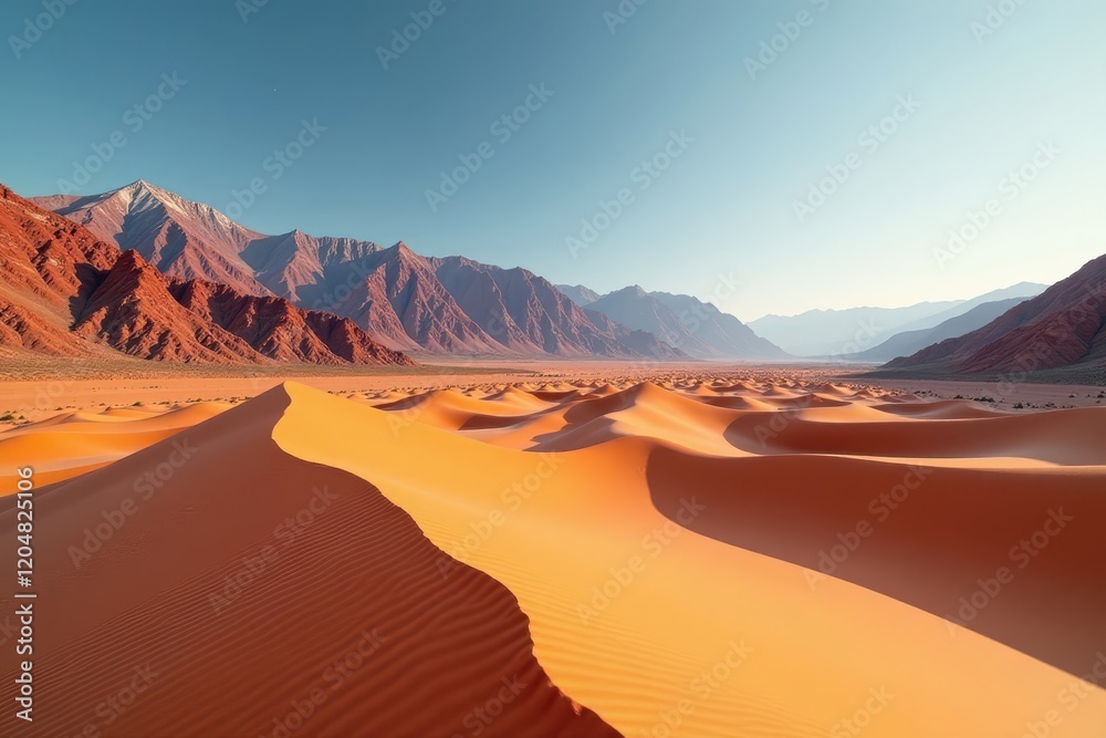 Naklejka premium Sandy dunes stretching towards crimson mountains, geology, planet