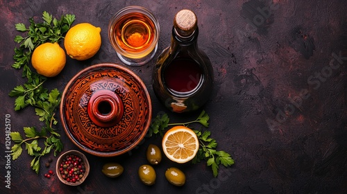 Tagine pot, wine, lemons, olives, herbs on dark background.