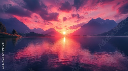 Majestic Sunset over Serene Mountain Lake