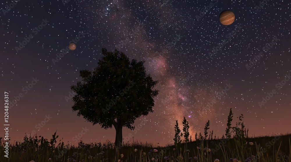 Naklejka premium Lone tree, starry night, Milky Way, planets, field, fantasy, artwork, space, digital art
