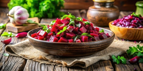 A vibrant panorama showcases a stunning Ukrainian beetroot salad, rich in color and texture. photo