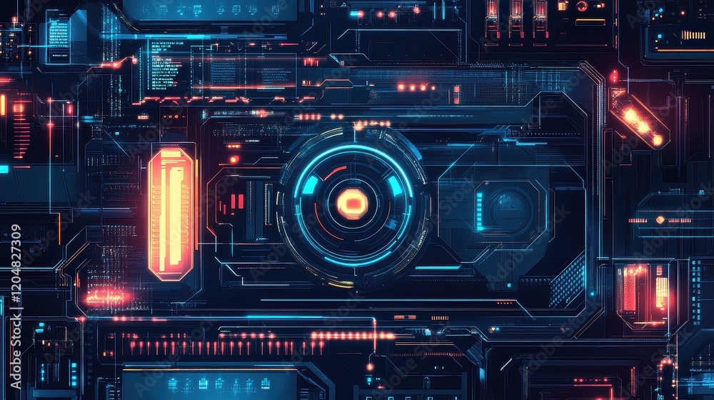 Futuristic network hub flat design top view cyberpunk theme cartoon drawing Triadic Color Scheme Futuristic network hub flat design top view cyberpunk theme cartoon drawing Triadic Color Scheme