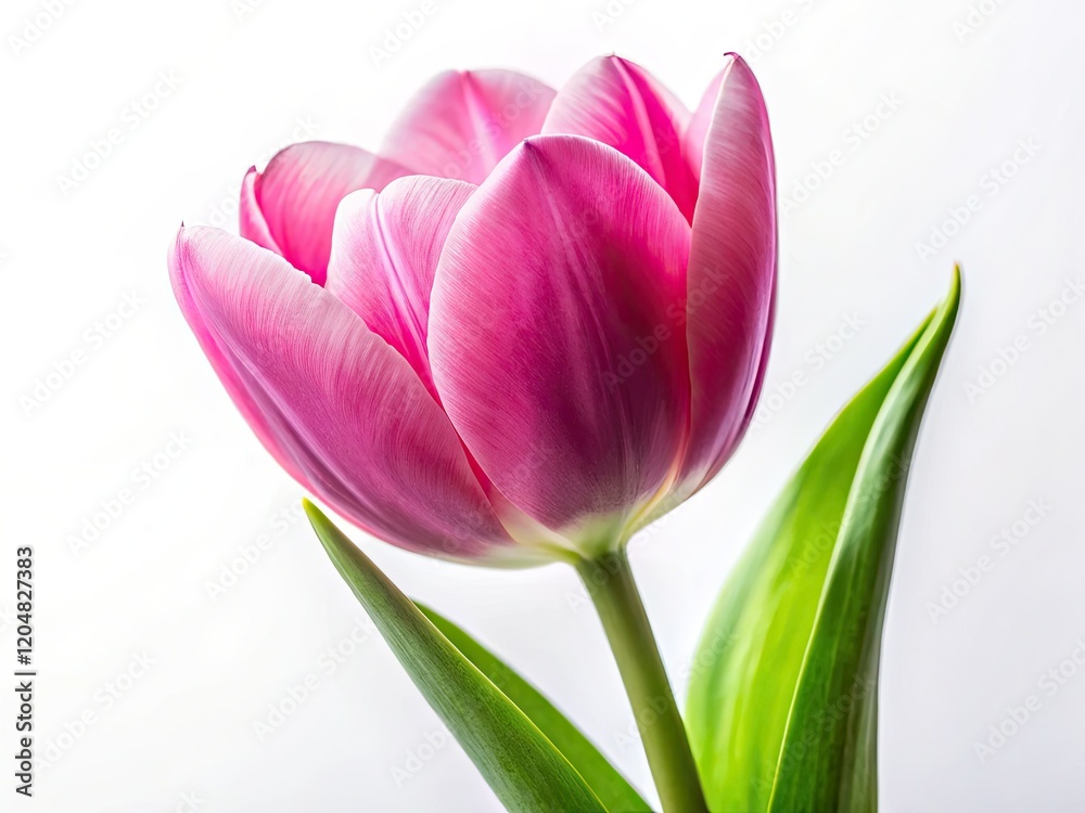 A vibrant pink tulip blooms, isolated on white, a candid spring blossom captured in floral photography. A vibrant pink tulip blooms, isolated on white, a candid spring blossom captured in floral photography.
