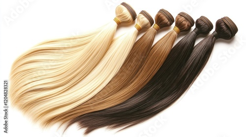 Straight hair extensions, various shades, studio shot, white background, beauty product