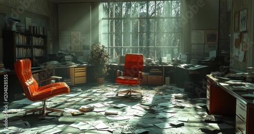 Office Crime Scene Investigation Papers Scattered Evidence Markers Overturned Chairs Robbery Homicide Mystery