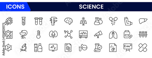 Science flat icons set. Laboratory, scientific, physics, biology, laboratory, research icons and more signs. Flat icon collection.