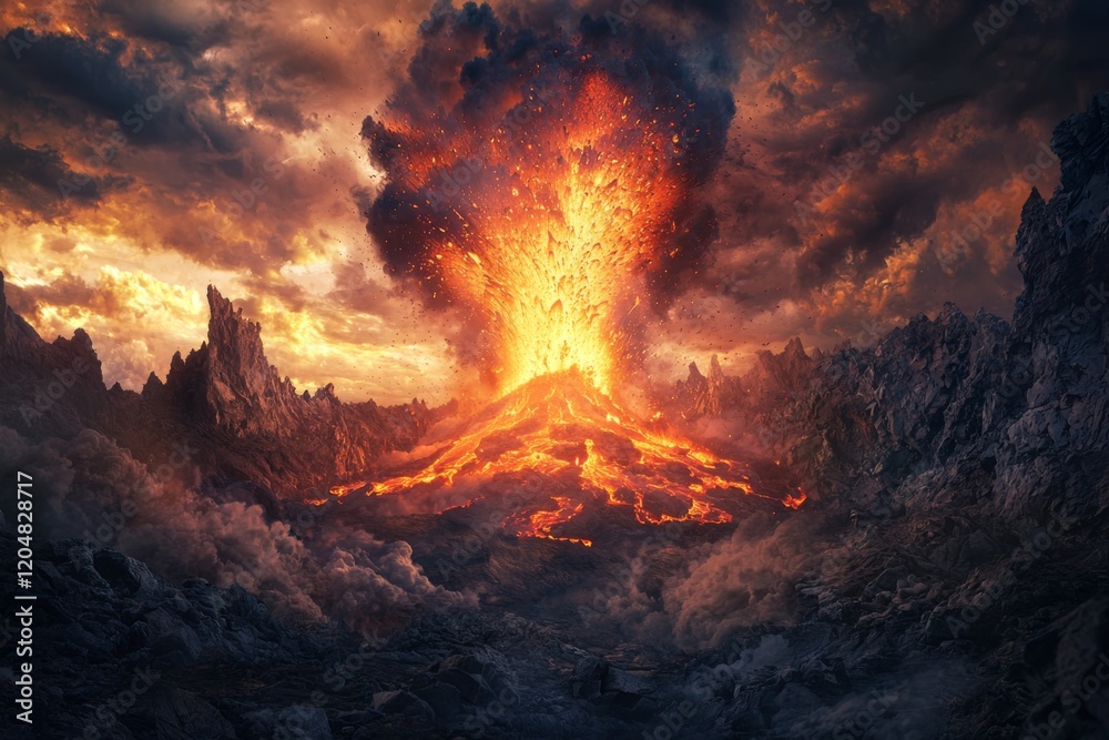 dramatic eruption of a volcano belching lava and ash into a cloudy sky, showcasing the fierce contrast of glowing molten rock against dark volcanic stones in a stark landscape dramatic eruption of a volcano belching lava and ash into a cloudy sky, showcasing the fierce contrast of glowing molten rock against dark volcanic stones in a stark landscape
