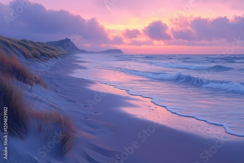 Serene Coastal Landscape at Dusk with Gentle Waves and Impressionist Sky in Northern Denmark photo