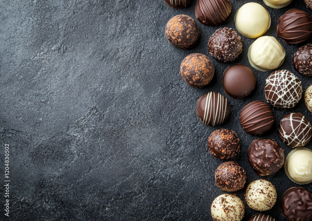Obraz premium Handcrafted chocolate truffles arranged on dark surface, tempting and rich
