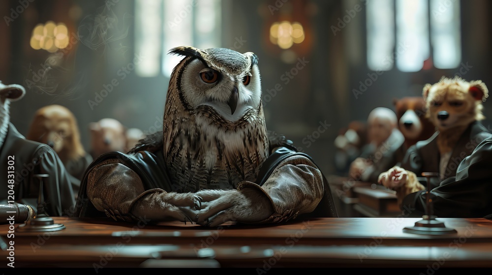 A wise owl character seated in a courtroom filled with anthropomorphic animals, exuding an air of authority and contemplation. A wise owl character seated in a courtroom filled with anthropomorphic animals, exuding an air of authority and contemplation.