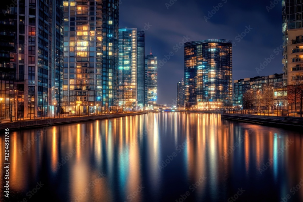 Night Cityscape Reflections: Canary Wharf at Night Night Cityscape Reflections: Canary Wharf at Night