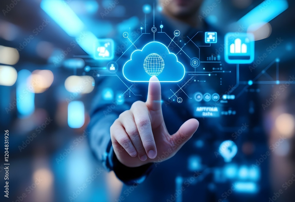 Human hand touches virtual hologram with technology icons such as cloud data, artificial intelligence, and digital networks. Human hand touches virtual hologram with technology icons such as cloud data, artificial intelligence, and digital networks.