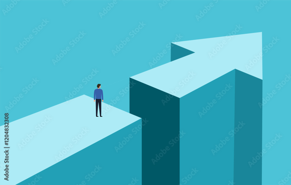 Business challenge or obstacle vector concept. Businessman standing on the edge of gap with arrow going through. Concept of courage, bravery, risk. 