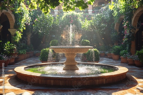 Mediterranean Courtyard Fountain Sunlit Tranquility Serene Stone Architecture Taranto Puglia Italy