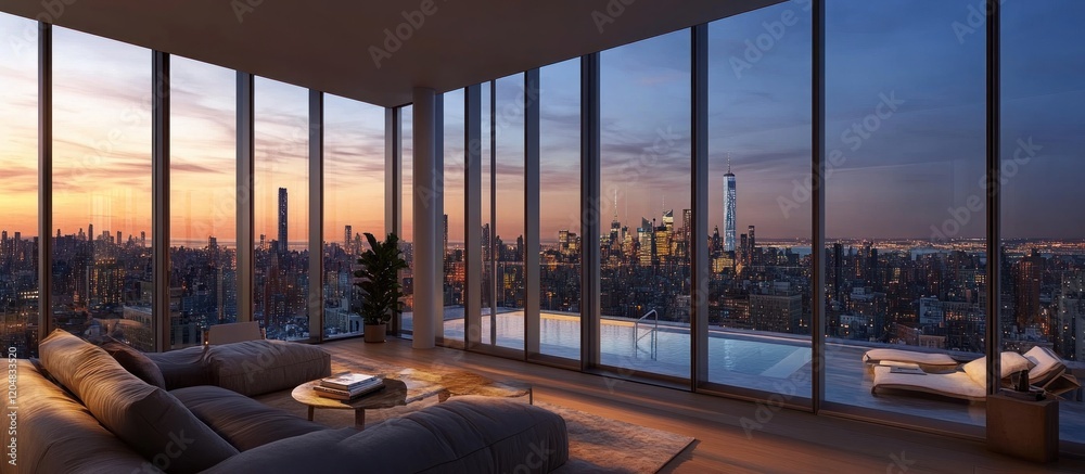 Fototapeta premium Luxury Penthouse with Stunning Cityscape at Sunset