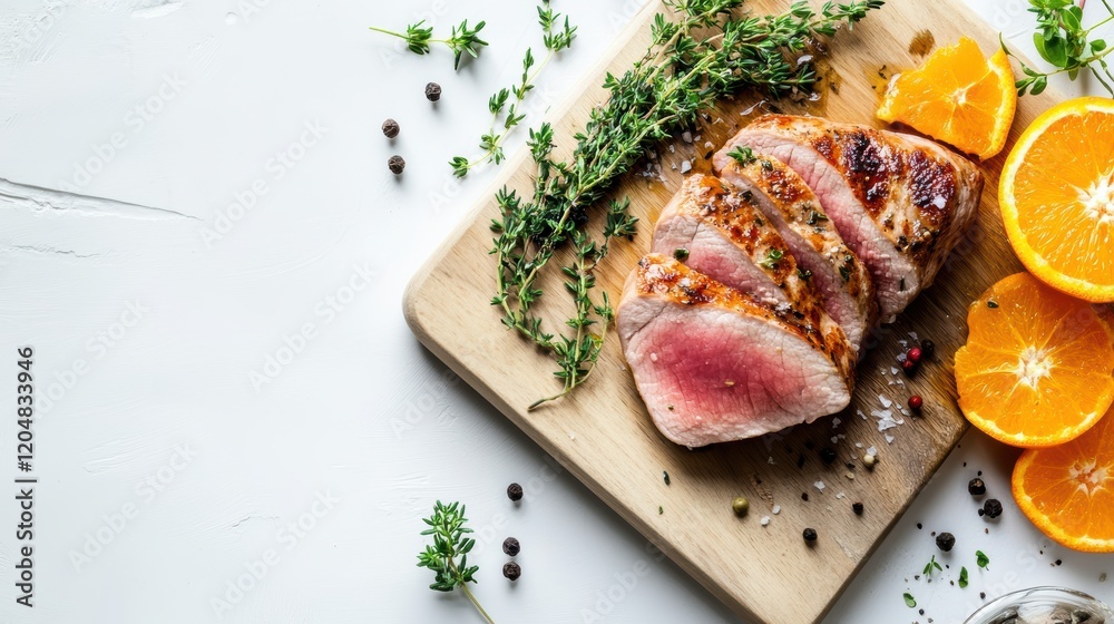 Fresh piece of meat garnished with herbs and orange slices on a rustic wooden table Fresh piece of meat garnished with herbs and orange slices on a rustic wooden table