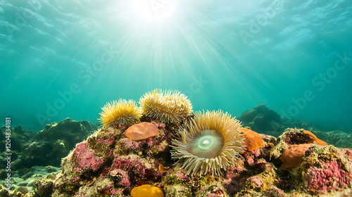 Underwater scene shows vibrant coral reef teeming with colorful anemones, marine life. Sunlight streams down through clear turquoise water. Calm, peaceful underwater landscape. Exotic tropical marine photo