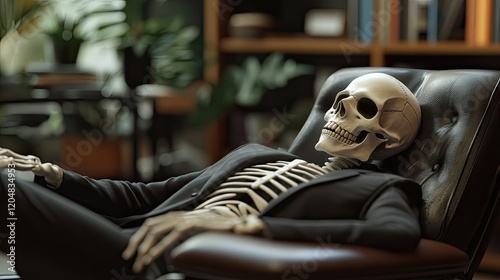 A skeleton dressed in a suit sits in a black leather armchair