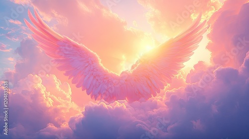 A pair of large, white, angelic wings float majestically in the midst of vibrant