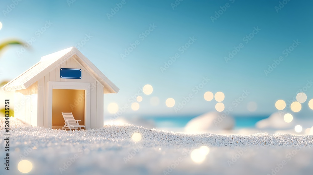 Naklejka premium Tranquil Beach House with Summer Lounge Chair and Sparkling Sand