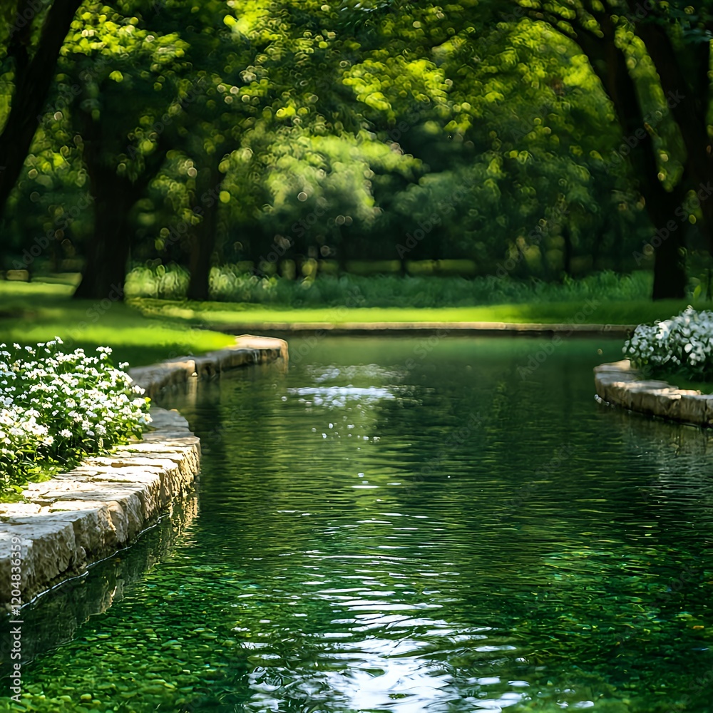 Fototapeta premium Tranquil Garden Scene with Lush Green Trees and Calm Water Features