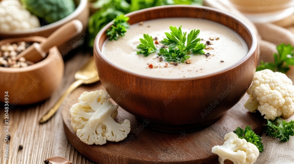Bowl of soup filled with cauliflower pieces and broth on a wooden table Bowl of soup filled with cauliflower pieces and broth on a wooden table