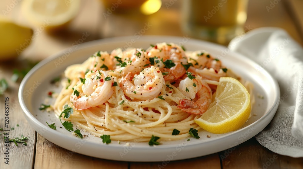 Delicious Shrimp Pasta with Lemon and Herbs on a Rustic Wooden Table in Warm Natural Light Delicious Shrimp Pasta with Lemon and Herbs on a Rustic Wooden Table in Warm Natural Light