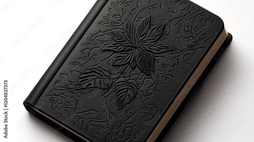 Fototapeta premium Elegant Black Book with Embossed Leaf Design and Textured Cover
