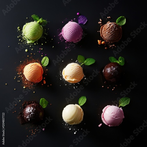 A vibrant display of assorted ice cream scoops in various colors, garnished with mint leaves, set against a dark background. photo