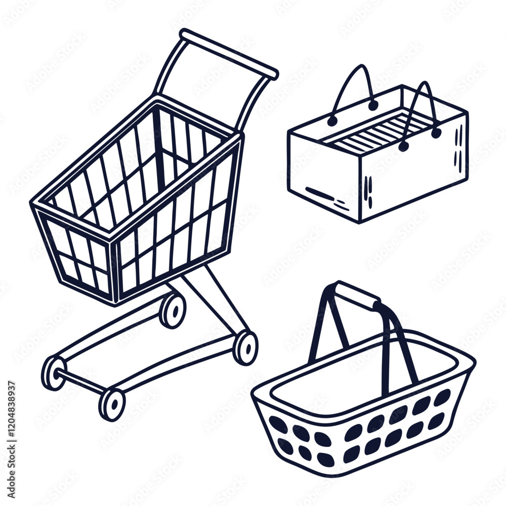 Line art icon set Efficient Shopping Solutions: Navigating Between Carts and Baskets for Seamless Store Experiences Vector illustration Line art icon set Efficient Shopping Solutions: Navigating Between Carts and Baskets for Seamless Store Experiences Vector illustration