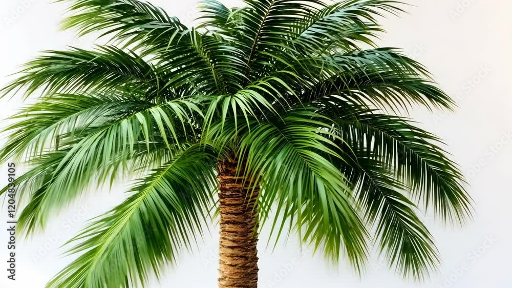 Tall green palm tree with lush fronds standing against a neutral background in a bright indoor setting Tall green palm tree with lush fronds standing against a neutral background in a bright indoor setting
