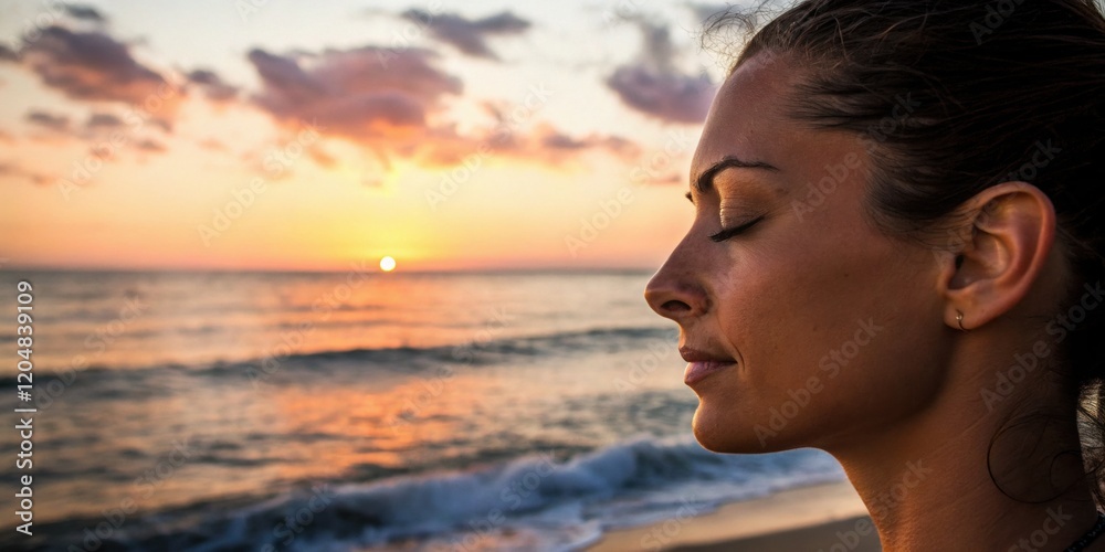 Peaceful woman meditating by ocean at sunset for relaxation and mindfulness