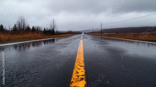 A rainy road reflects a cloudy sky, showcasing a desolate landscape with a single yellow line guiding the way.