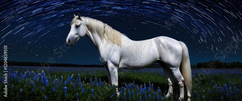 Majestic white horse standing in a field of blueflowers under starry night sky photo