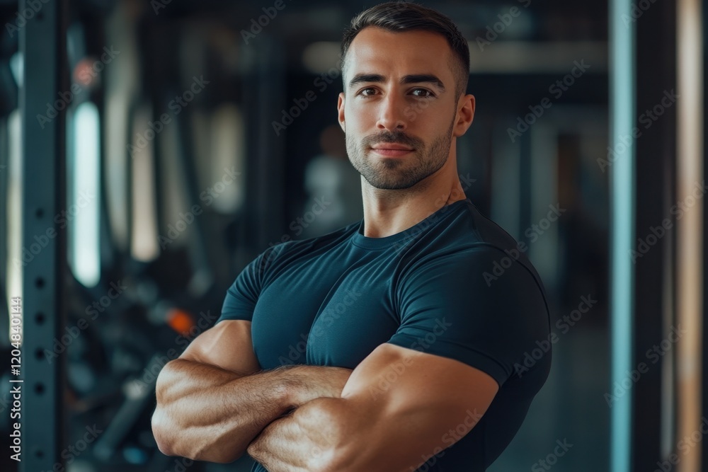 Confident Man Posing in Gym for Fitness and Muscle Growth, Arms Crossed, Proud and Happy During Workout Routine. Confident Man Posing in Gym for Fitness and Muscle Growth, Arms Crossed, Proud and Happy During Workout Routine.