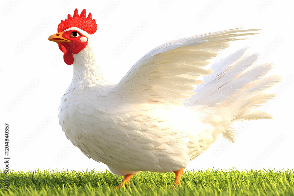 Fototapeta premium Vibrant White Chicken with Spread Wings on Green Grass Background