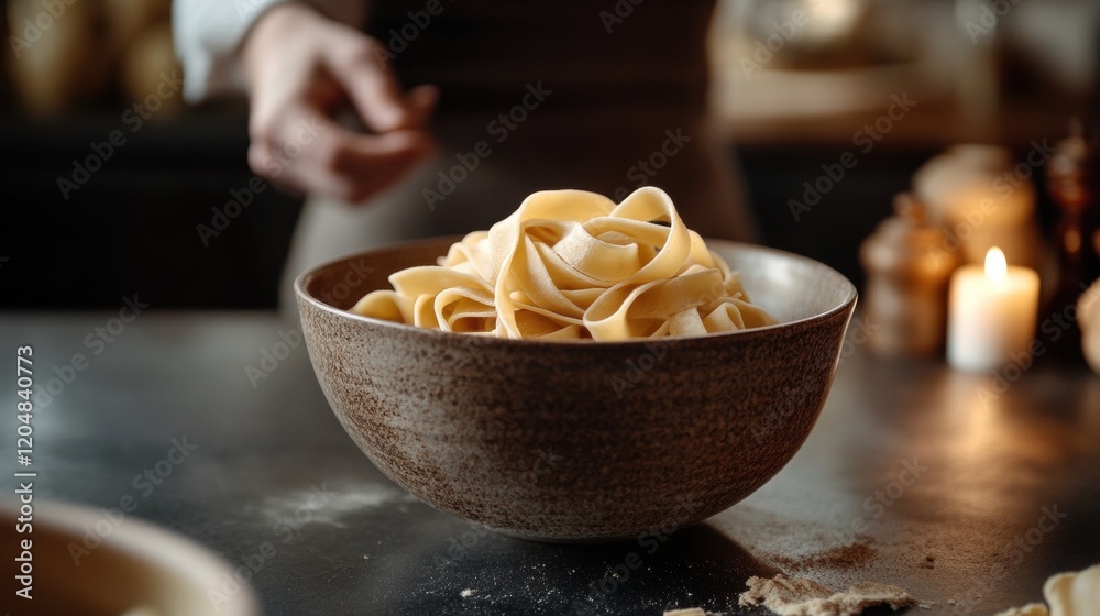 A bowl of pasta served on a wooden table with fork and fresh herbs in a cozy dining setting A bowl of pasta served on a wooden table with fork and fresh herbs in a cozy dining setting