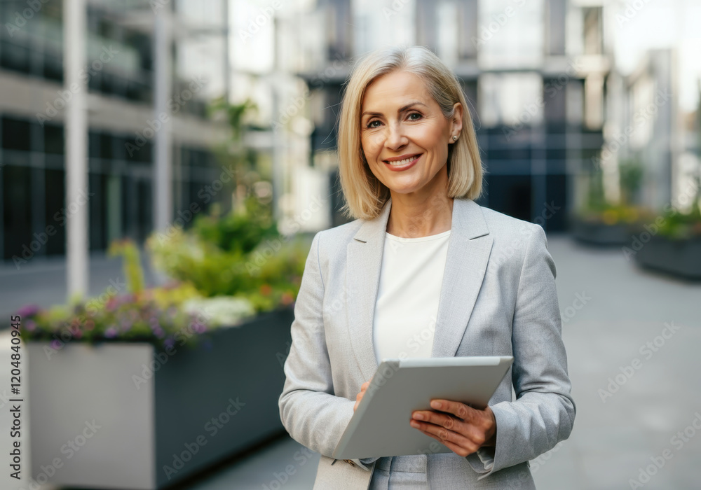 Fototapeta premium A mature businesswoman with blonde hair, dressed in a light gray suit and holding a tablet