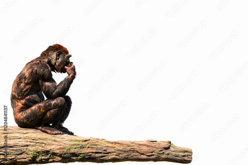 Obraz premium Contemplative Primate Sitting on Log with Reflective Expression
