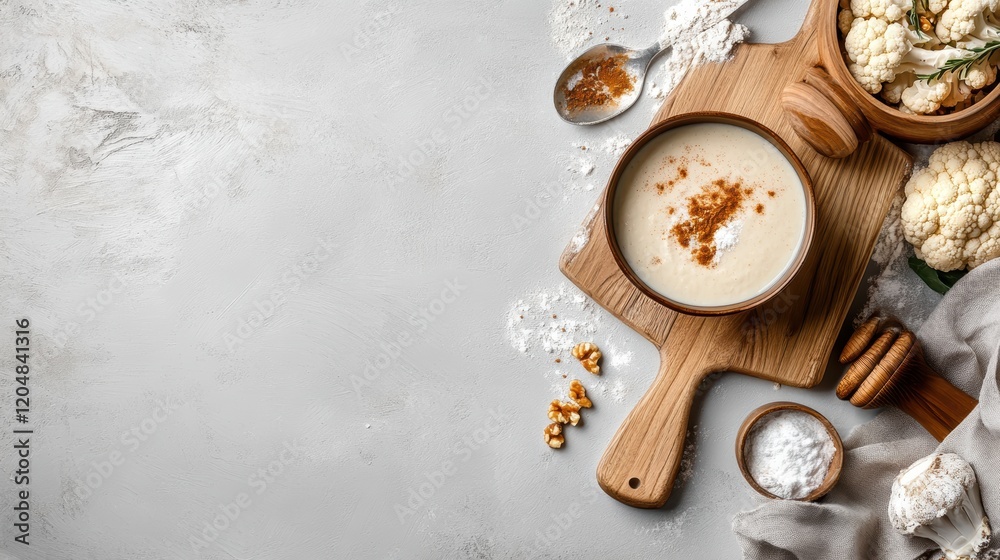 Bowl of cauliflowers and another bowl on a wooden cutting board in a kitchen setting Bowl of cauliflowers and another bowl on a wooden cutting board in a kitchen setting