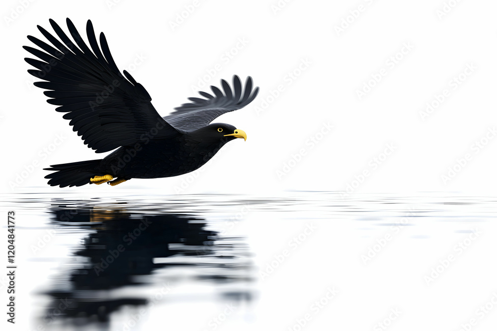 Fototapeta premium Majestic Black Bird In Flight Over Calm Water Surface Reflection