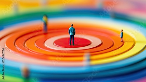 A central blue figure stands on a multicolored target-like surface with concentric circles