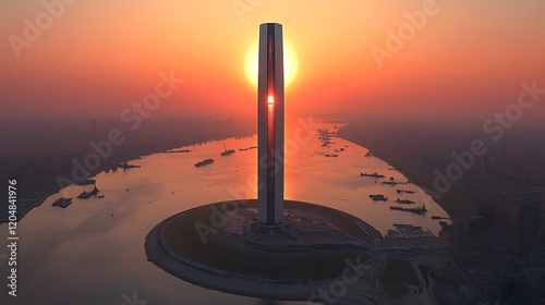 Sunrise Illuminates Modern Asian City Tower, Aerial View photo