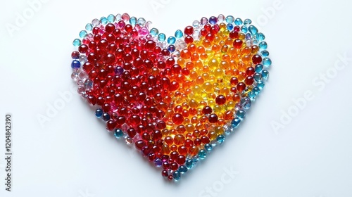 Colorful Heart Made of Decorative Beads in Various Shades and Sizes on White Background