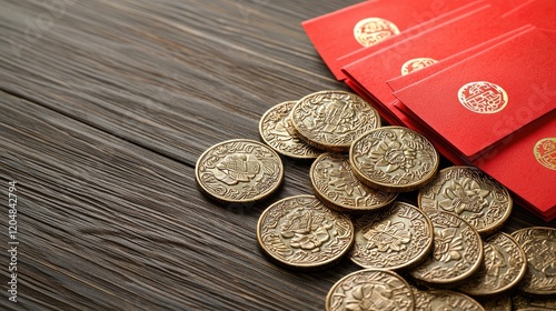 A vibrant arrangement of gold coins and red envelopes, symbolizing prosperity and tradition, perfect for celebrations and gifting.