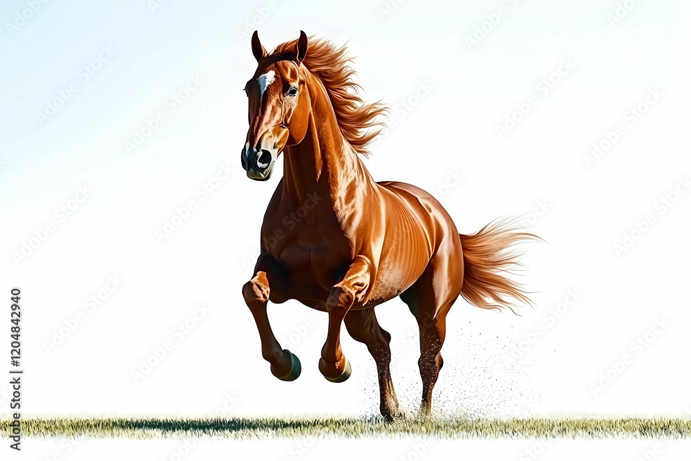 Obraz premium Agile Chestnut Horse Galloping in Open Field Under Clear Sky