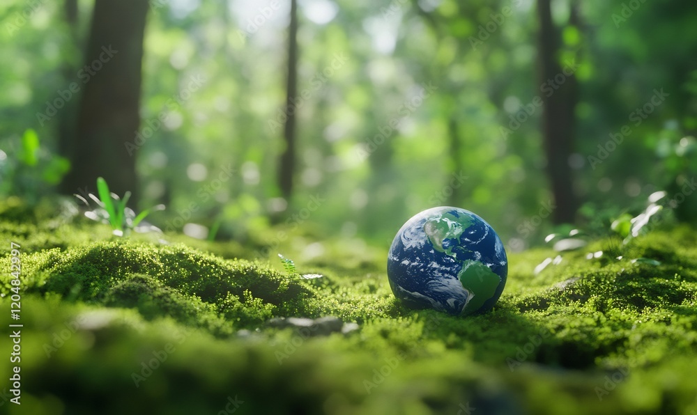 Earth globe on moss, forest background; environmental concept Earth globe on moss, forest background; environmental concept