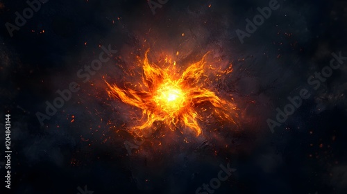 Bright Fiery Explosion in Dark Space Background with Sparks and Light