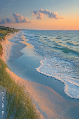 Serene Coastal Landscape at Twilight with Gentle Waves and Soft Pastel Skies in Northern Denmark