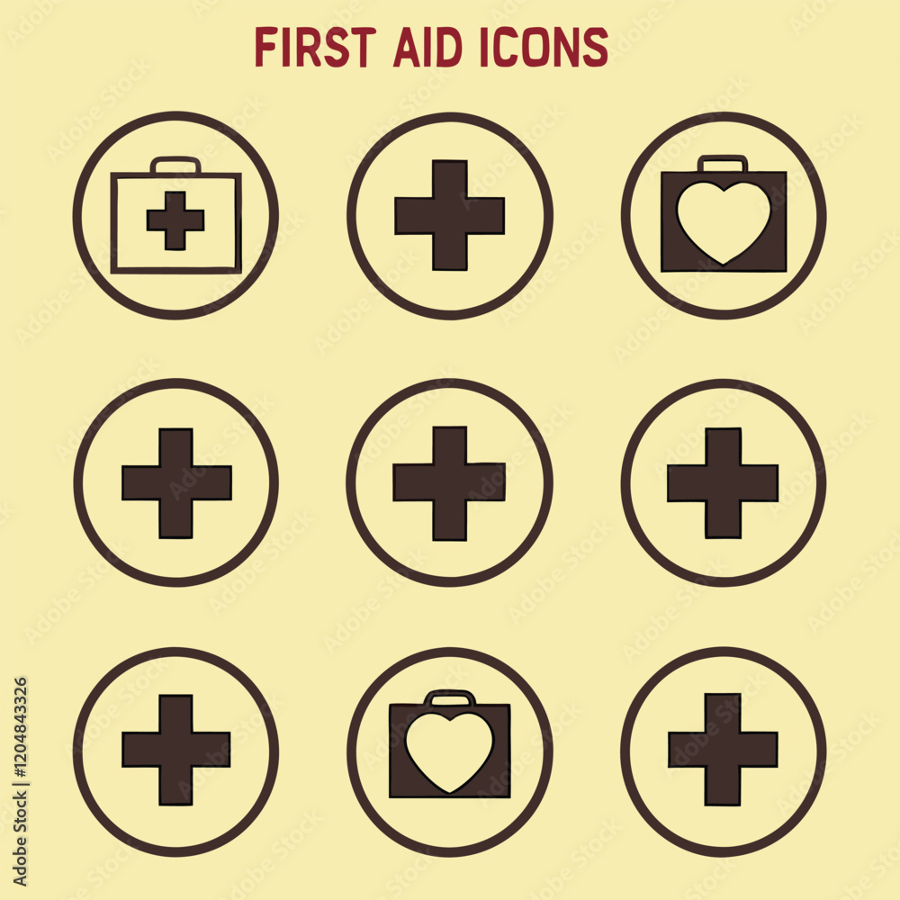 Fototapeta premium Common First Aid Icons and Their Meanings in 2025: First Aid Kits with Crosses and Hearts; Universal Medical Cross Symbols Understanding Common Medical Icons in 2025 First Aid Kits